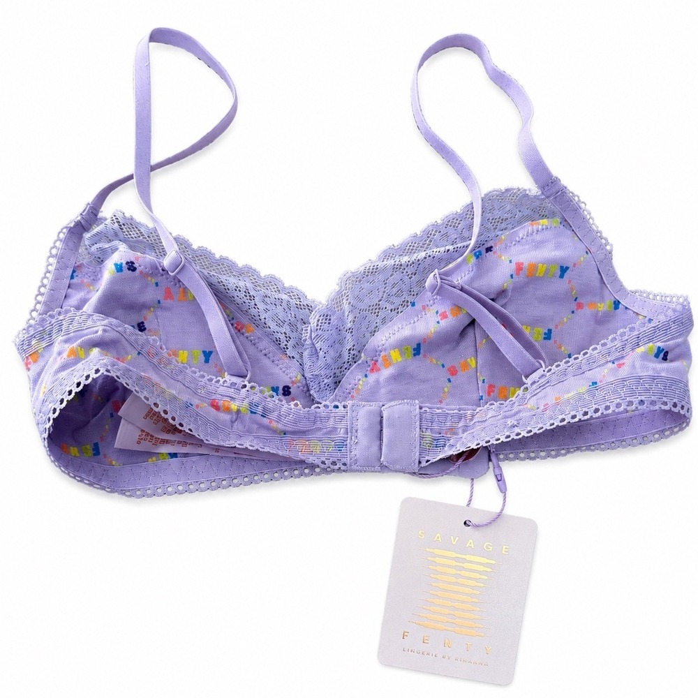 NWT Savage X Fenty Lavender Logo Print Cotton Bralette XS Lace Wireless Bra - Picture 4 of 6